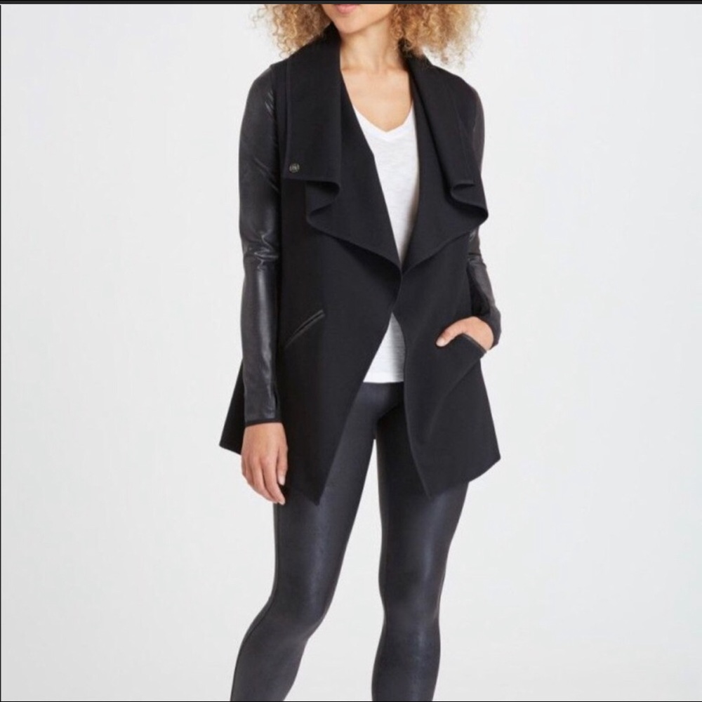 SPANX Black Draped Front Jacket with Faux Leather Sleeves
